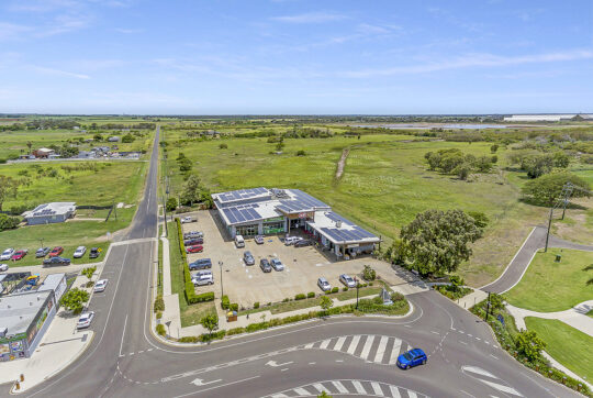 Isometric view from the air looking at the entire Burnett Heads shopping centre