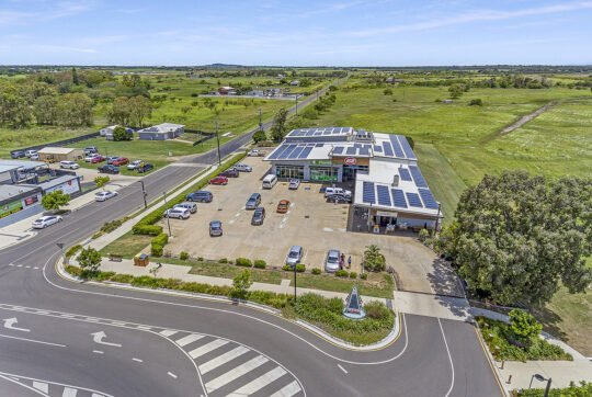 Isometric view from the air looking at the entire Burnett Heads shopping centre