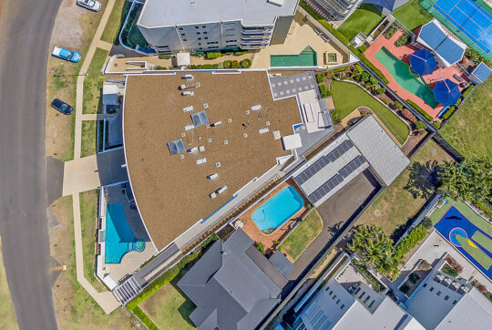 Aerial view looking at La Madalena Apartments