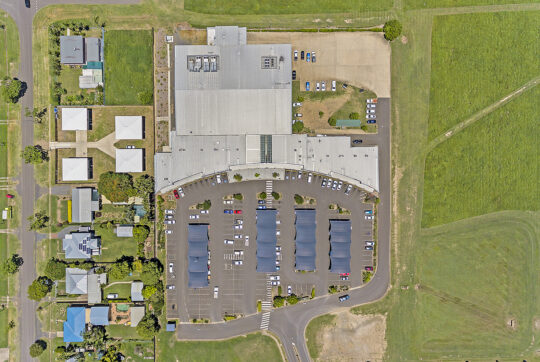 Top view from the air of Northway Plaza Shopping Centre showing entire complex